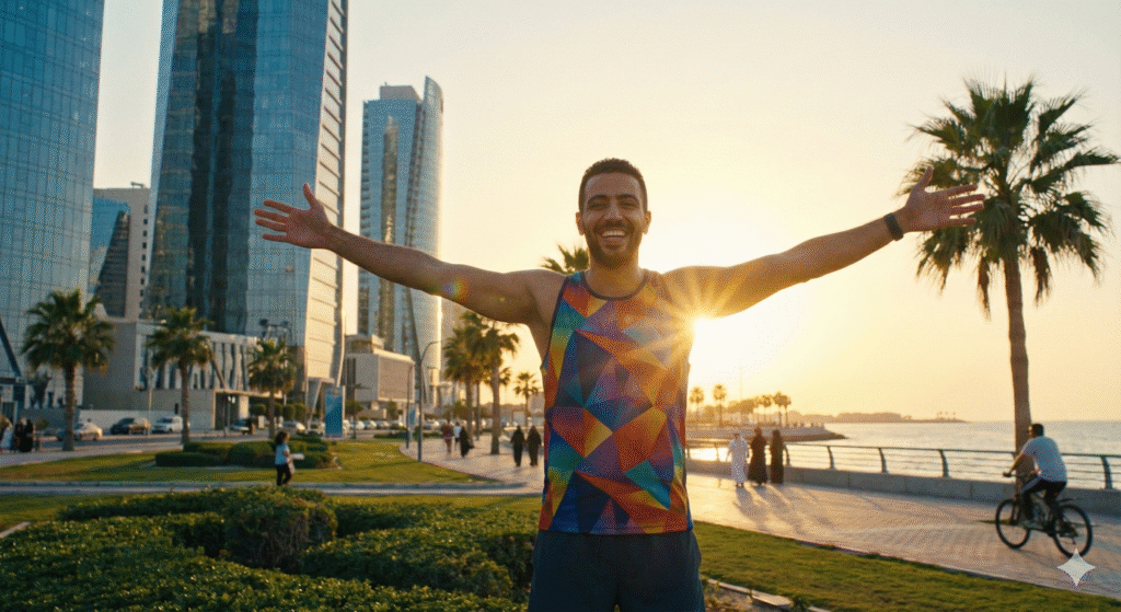 شخص يستعيد كامل نشاطه وحيويته ويستمتع بحياة صحية تحت أشعة الشمس بعد علاج نقص فيتامين د.