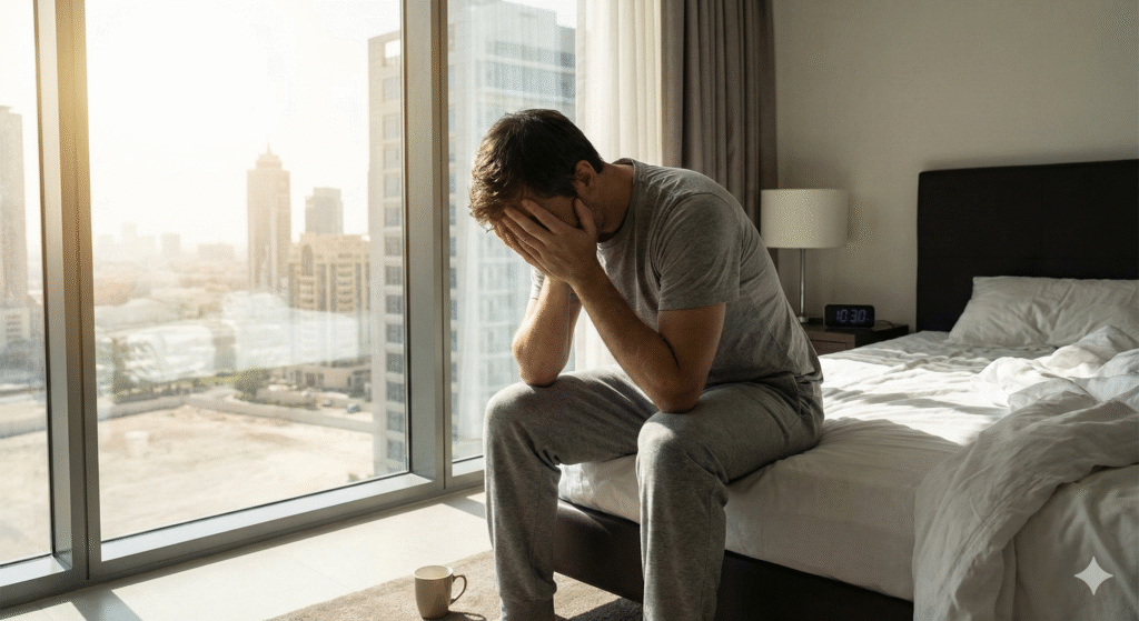 شخص يعاني من الخمول المستمر والإعياء الشديد عند الاستيقاظ رغم وجود أشعة الشمس القوية، وهي إحدى أعراض نقص فيتامين د الرئيسية.