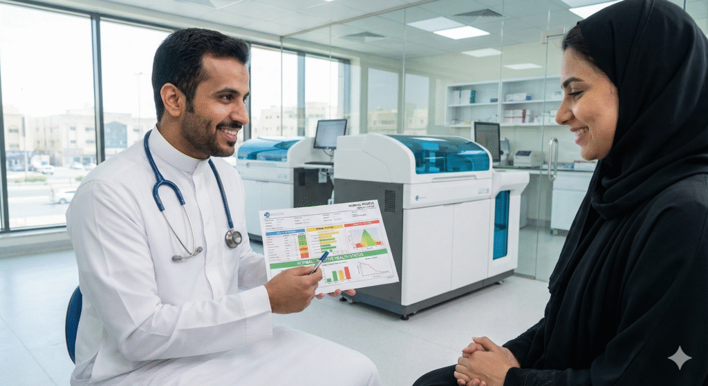 طبيب في مختبرات الهلال بالخبر يشرح نتائج باقة الفحص الشامل لمريض، مما يعكس الاطمئنان والدقة في التشخيص.