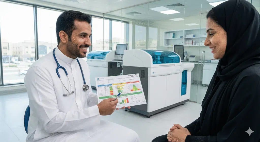 طبيب في مختبرات الهلال بالخبر يشرح نتائج باقة الفحص الشامل لمريض، مما يعكس الاطمئنان والدقة في التشخيص.