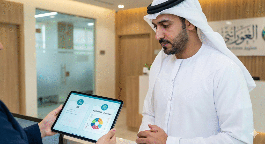 مريض في استقبال مختبرات الهلال يقارن بين خيار تحليل CBC العادي وباقات الفحص الشامل لاختيار الأنسب لصحته.