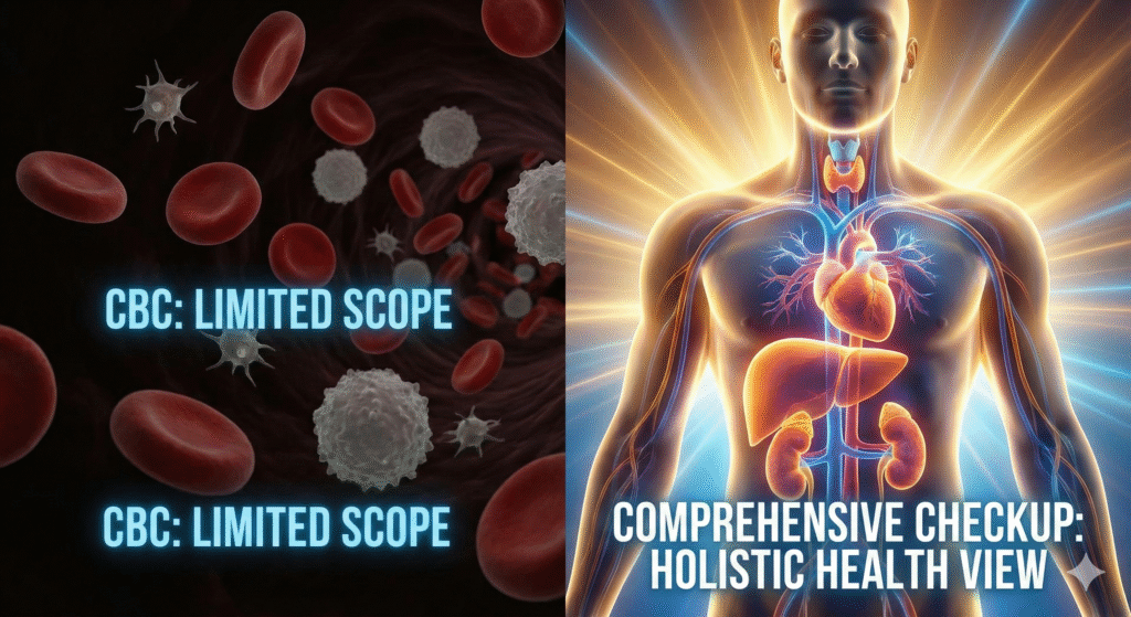 مقارنة بصرية توضح الفرق بين محدودية تحليل صورة الدم CBC وشمولية باقة الفحص الطبي الكامل لوظائف الجسم الحيوية.