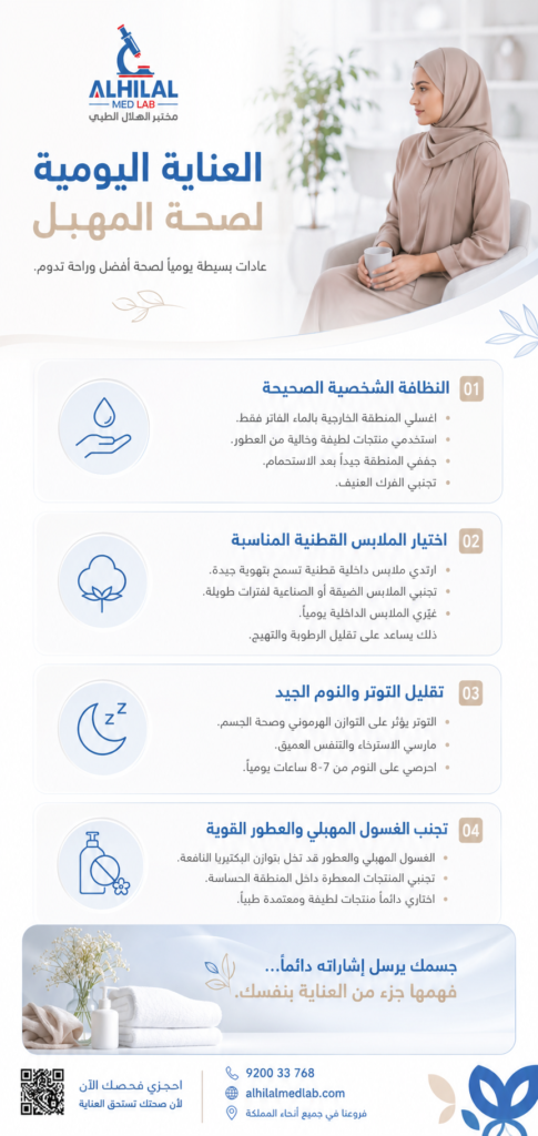 إنفوجراف عربي عن العناية اليومية بصحة المهبل يشمل النظافة الشخصية وتقليل التوتر واختيار الملابس المناسبة، بتصميم طبي راقٍ مناسب للمجتمع السعودي.